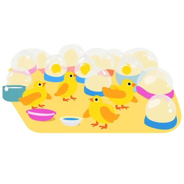 An indoor hatchery filled with several incubators lined up against the walls. Each incubator is transparent and showcases eggs with cracks starting to form. Newly hatched chicks, fluffy and yellow, are peeping out from the incubators. The chicks are alert and curious, with some stretching their tiny wings. Soft bedding covers the floor, and the warm light inside creates a cozy atmosphere. A few small water dishes are placed nearby for the chicks to drink.
