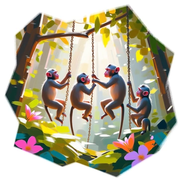 A group of playful monkeys is swinging energetically from thick, leafy vines in a dense tropical forest. The monkeys exhibit a variety of fur colors, including brown, gray, and black, showcasing their lively expressions as they play. Sunlight filters through the dense canopy above, creating dappled patterns on the forest floor. Numerous vibrant green leaves surround the scene, and colorful tropical flowers peek through the foliage, adding splashes of color to the rich greenery. The atmosphere captures the lively essence of the jungle, with the monkeys interacting and chattering among themselves.