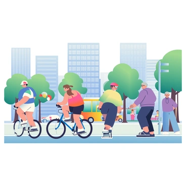 A group of cyclists is riding along a designated cycling lane in a busy urban area. There are five cyclists, each wearing brightly colored helmets and athletic wear. The first cyclist has short hair and is wearing a blue jersey with white shorts. The second cyclist, a woman with long hair in a ponytail, is dressed in a red tank top and black leggings. The third cyclist, wearing glasses, has a green shirt and orange shorts. The fourth cyclist is an older man with a gray beard, clad in a yellow shirt and navy blue pants. The last cyclist, a teenager, is dressed in a purple hoodie and jeans. In the background, there are tall buildings made of glass and steel, while multiple pedestrians are crossing the street nearby. Several trees line the cycling lane, providing a touch of greenery to the urban environment. A city bus is stopped at a nearby bus stop, and cars can be seen in the background.