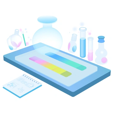 An electrophoresis gel setup is positioned on a laboratory countertop. The gel tray is filled with a clear gel, which has several defined lanes. Each lane contains colorful bands representing DNA or proteins, showcasing a spectrum of vibrant hues such as blue, green, yellow, and pink. The gel is illuminated by a light source, enhancing the visibility of the bands. Surrounding the setup are various laboratory tools, such as pipettes and vials, arranged neatly. A notebook with diagrams and notes is placed nearby, adding to the scientific ambiance of the scene.
