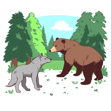 A grey wolf is standing alert with its ears perked up, facing off against a large brown bear in a forest clearing. The wolf's fur is thick and a mix of shades, contrasting with the bear's powerful stance. Surrounding them are tall trees with dense green foliage, creating a natural frame for the confrontation. Sunlight filters through the leaves, casting dappled shadows on the ground. The bear stands on its hind legs, showcasing its size, while the wolf maintains a low, defensive posture. The ground is covered in a mix of grass and fallen leaves, adding texture to the scene.