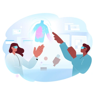 A group of doctors is gathered in a high-tech room, each wearing sleek virtual reality goggles. One doctor is reaching out with their hand, interacting with a holographic projection of a digital human body that is floating in mid-air. The digital body is composed of various colored segments, highlighting different organs and systems, with glowing lines connecting them. The room is filled with advanced medical equipment, screens displaying data, and soft ambient lighting that creates a modern atmosphere.