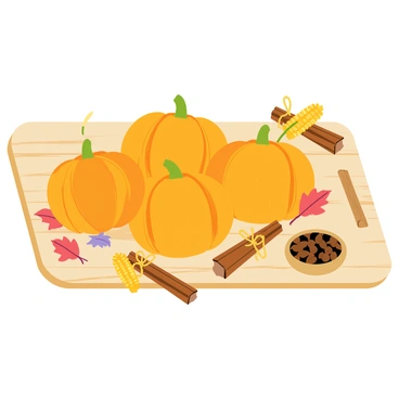 A wooden cutting board placed on a rustic kitchen countertop. The cutting board is adorned with several bright orange pumpkins of varying sizes, showcasing their smooth surfaces and unique shapes. Surrounding the pumpkins are bundles of cinnamon sticks tied with twine, adding a warm brown contrast. Scattered among the pumpkins are small clusters of dried corn with yellow and purple kernels, and a few leaves in shades of red and gold. There is also a small ceramic bowl filled with whole cloves, enhancing the autumn-themed display.