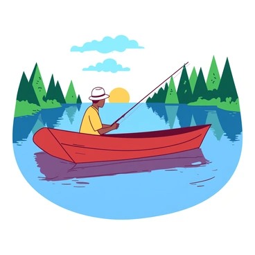 A red boat is floating on a blue lake, with gentle ripples extending from its sides. A person, wearing a white hat and a yellow shirt, is sitting in the boat, focused on fishing with a fishing rod extended over the edge. The early morning sun is rising in the background, casting soft light over the landscape. Surrounding the lake are green trees reflecting in the water, adding to the peaceful atmosphere of the scene. The sky is clear, displaying a few fluffy white clouds drifting lazily.