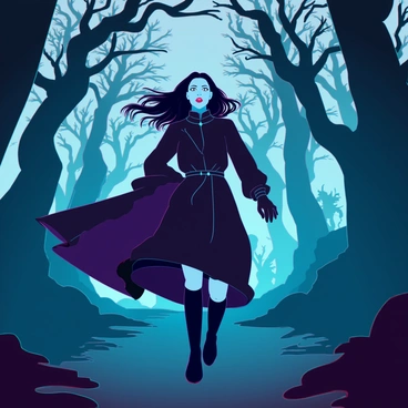 Bellatrix Lestrange, with pale skin and wild black hair, is wandering through the shadowy, eerie Forbidden Forest. She is wearing her iconic dark robes, which flow behind her as she moves. Her expression is one of madness and excitement, with her eyes wide and filled with a glimmer of danger. The forest is dense with twisted trees and thick fog, casting ominous shadows on the ground. In the background, faint glimmers of magical creatures can be seen peeking through the foliage, adding an unsettling atmosphere to the scene. The air is thick with mystery and tension as she navigates the dark path ahead.