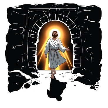 A man is stepping out of a dark tomb, his body surrounded by a bright glowing aura. The tomb is made of rough stone, with intricate carvings visible on its surface. The sunlight is streaming down, illuminating the man with a warm, radiant light. He is dressed in ancient robes that flow around him, and his expression is one of awe and realization as the shadows recede behind him. The contrasting darkness of the tomb enhances the brilliance of the aura encircling him.