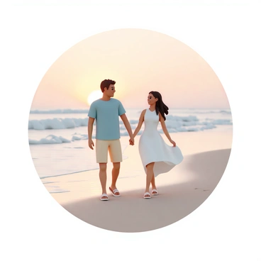 A couple is walking hand-in-hand along a beach during sunset. The man is wearing a light blue short-sleeve shirt and beige shorts, while the woman is dressed in a flowing white sundress. The sun is setting in the background, casting a warm orange and pink glow across the sky. Waves gently lap at the shore, leaving a trail of foamy water behind them. The couple is smiling at each other, creating a sense of joy and companionship as they stroll along the sandy beach.