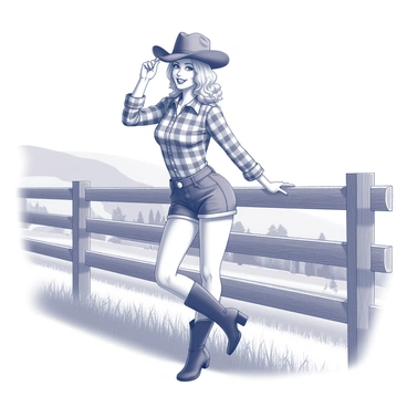 A pin-up girl dressed in a cowgirl outfit is leaning on a wooden fence. Her outfit includes a fitted plaid shirt, denim shorts, and cowboy boots. She is playfully tipping her hat with her right hand, while her left arm rests casually on the fence. The girl has a confident and cheerful expression, with her hair styled in soft waves. The background features a rural landscape with rolling hills and scattered trees, suggesting a sunny day.