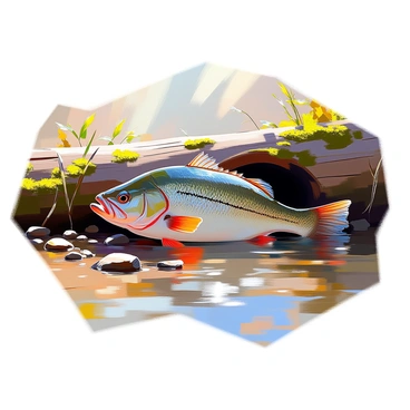 A largemouth bass with a sleek greenish body and a notable dark horizontal stripe is lurking under a fallen log submerged in clear freshwater. The log is partially covered with green moss and surrounded by small rocks and pebbles on the sandy bottom. Sunlight filters through the surface of the water, creating shimmering patterns that dance across the bass's scales. Nearby aquatic plants sway gently in the current, adding to the natural ambiance of the habitat.
