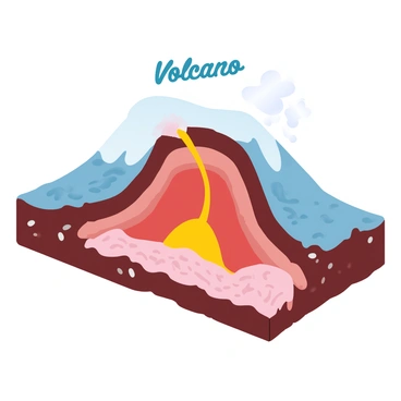 A detailed cross-section of a volcano showcases its complex internal structure. The exterior of the volcano has a conical shape, with a rugged surface. The cross-section reveals several layers of rock and ash, displaying varying textures and colors. In the center, a large magma chamber is visible, with molten lava flowing through a series of interconnected channels. Surrounding the magma chamber, there are different strata of solidified lava and volcanic rock. The surface is dotted with small gas vents, releasing wisps of gas. "Volcano" is labeled prominently at the top of the image.