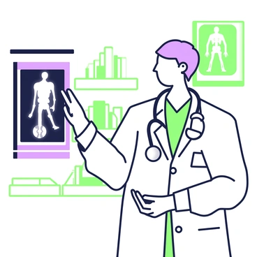 A doctor with short hair is examining an X-ray image held against a lightbox. He is wearing a white lab coat with the sleeves rolled up and a stethoscope around his neck. The lightbox is mounted on a wall, illuminating the X-ray with bright light, showcasing a detailed image of a skeleton. The doctor is concentrating with a thoughtful expression, his right hand holding the X-ray while his left hand is placed on his chin. In the background, there are shelves filled with medical books and a chart of the human anatomy.