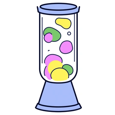A lava lamp with a cylindrical glass body filled with a translucent liquid. Inside, there are several colorful blobs of wax in shades of pink, green, and yellow, suspended at various positions. The blobs are in different sizes, some are larger and round, while others are smaller and elongated. The lamp has a metallic base and a matching cap on top, creating a modern appearance. The light inside the lamp casts a warm glow, highlighting the movement of the blobs as they rise and fall.