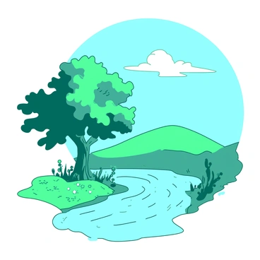 A teal river flows gently through the scene, reflecting the light of the sun above. Beside the river stands a large, leafy tree with a thick trunk and wide branches extending outward. The ground around the tree is covered in soft green grass and small wildflowers. The water of the river ripples softly, creating small waves as it moves. Above, a clear blue sky stretches, with a few fluffy white clouds scattered in the distance.