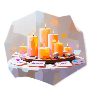 A cozy setting featuring multiple lit candles arranged in a circle, casting warm, flickering light. The candles vary in height and are placed on a textured wooden surface. Surrounding the candles, there are small notes with handwritten wishes, each note displaying different colors and patterns. The background is softly blurred, allowing the focus to remain on the inviting glow of the candles and the heartfelt notes. The overall atmosphere is intimate and inviting.