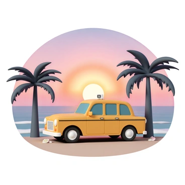 A taxi parked by the beach with a beautiful sunset in the background