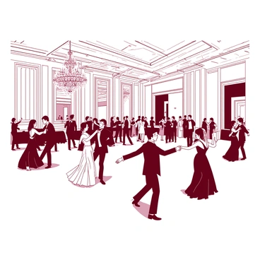 A grand ballroom features a spacious floor filled with couples dancing elegantly. The decorations include large, sparkling chandeliers hanging from the high ceiling, casting a warm glow over the scene. The couples are dressed in formal attire, with men in black tuxedos and women in flowing gowns. Some couples are engaged in intricate dance moves, while others glide effortlessly across the polished wooden floor. The walls of the ballroom are adorned with ornate mirrors and intricate moldings, enhancing the opulent atmosphere.
