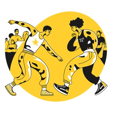 Two dancers are positioned in a dynamic stance, facing each other in an intense dance battle. One dancer is wearing a yellow Air Force 1 sneaker with intricate patterns, while the other dancer sports a black Air Force 1 sneaker featuring a unique design. Both dancers are dressed in fashionable athletic wear, showcasing their individual styles. The setting conveys an energetic atmosphere, with movement and tension evident in their postures. The background includes a crowd of spectators, adding to the excitement of the moment.