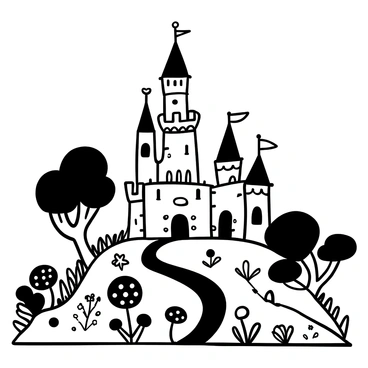 A tall castle with multiple towers and flags waving, stands majestically on a hill. The castle has intricate designs etched into its stone walls. At the base, there are trees with twisting trunks and thick canopies, creating a dense enchanted forest surrounding the castle. Among the trees, there are fantastical creatures like large mushrooms and small woodland animals peeking out. A winding path leads from the castle into the forest, lined with tiny flowers. The scene is filled with various shapes and patterns, showcasing the charm of a fairy tale atmosphere.
