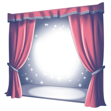 A stage with red curtains slightly parted. The curtains are plush and textured, with intricate patterns running along the edges. The space behind the curtains emits a soft, magical glow, illuminating the outlines of an unseen scene. The glow casts subtle shadows on the floor of the stage, enhancing the sense of mystery. The stage is set for a performance, with an air of anticipation in the atmosphere.