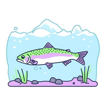 A trout is swimming gracefully beneath a transparent layer of ice. The water is clear, revealing the smooth, shimmering surface of the ice above. The trout is depicted with intricate details showing its scales and fins, gliding through the water with a sleek motion. Small bubbles can be seen trailing behind the fish as it moves. Surrounding the trout, the underwater environment features a few scattered rocks and patches of aquatic plants, slightly obscured by the subtle distortion of the ice above.