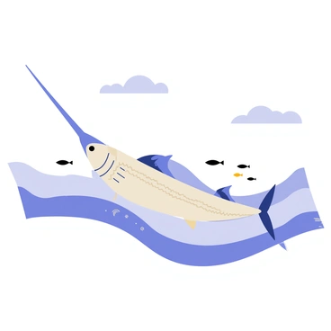 A swordfish with a long, slender body and a distinct elongated bill is swimming through waves. The water is depicted in rolling, stylized curls, with shades of blue and white. The swordfish is illustrated with intricate patterns along its scales, emphasizing its graceful form. A few small fish can be seen swimming nearby, adding a sense of liveliness to the scene. The background features soft, stylized clouds, enhancing the overall composition.