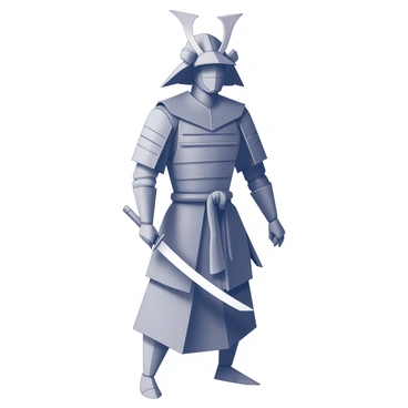 An origami samurai figure is standing tall with a commanding posture. The samurai is crafted from intricately folded paper, showcasing sharp angles and crisp edges that define its armor and garments. In its right hand, it holds a paper sword, positioned confidently at the side. The folds of the samurai's clothing display a sense of movement and texture, emphasizing the craftsmanship of the origami. The background features a subtle suggestion of a dojo or traditional Japanese setting, enhancing the samurai's presence.