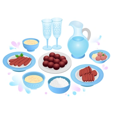 A beautifully arranged dining table is set for Iftar. In the center, there is a plate filled with fresh dates, glistening under soft light. Beside the dates, there is a pitcher of water with two ornate glasses ready to be filled. Traditional dishes are elegantly placed around the table, showcasing vibrant colors and textures. There are bowls of soup, plates of rice, and platters of grilled meats, all artfully presented. The table is adorned with intricate tableware, enhancing the overall aesthetic of the scene.
