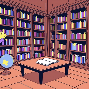 A grand library with tall shelves filled with ancient books. The shelves are made of dark wood, intricately carved with decorative patterns. Soft, glowing "star spren" float gently around the room, casting a warm light on the books. The floor is polished hardwood, reflecting the soft illumination. In the center of the library, there is a large wooden table with an open book resting on it, inviting readers to explore its pages. An antique globe sits in one corner, adding to the scholarly atmosphere.