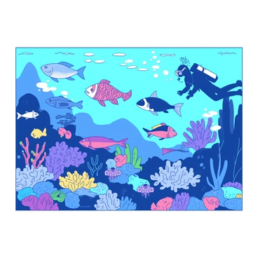 A wall mosaic features a vibrant underwater scene filled with various fish. The mosaic includes a variety of fish in different shapes and sizes, each adorned with intricate patterns. Colorful coral formations surround the fish, creating a rich ecosystem. The background is a blend of blue hues, simulating the depths of the ocean. Bubbles rise from the fish, adding a sense of movement to the composition. A silhouette of a diver can be seen in the upper part of the mosaic, observing the lively underwater world.