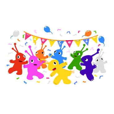 A group of colorful Pikmin characters is dancing joyfully in a circle. Each Pikmin has a unique hue, with some being red, blue, and yellow, while others sport shades of purple and white. They are animatedly moving their small bodies, with some waving tiny arms and others bouncing on their little feet. The setting is vibrant, featuring festive decorations like streamers and balloons surrounding the Pikmin. In the background, there are colorful banners displaying various symbols and images that add to the celebratory atmosphere. The ground is dotted with sparkling confetti, enhancing the joyous feel of the festival.