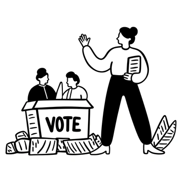 "An illustration of Susan B. Anthony standing confidently in front of a historical ballot box. She is holding a pamphlet in one hand, while her other hand is raised in a gesture of encouragement. The ballot box is detailed with intricate designs, surrounded by scattered papers that resemble voter registration forms. There are citizens positioned behind her, listening intently to her message about voting."