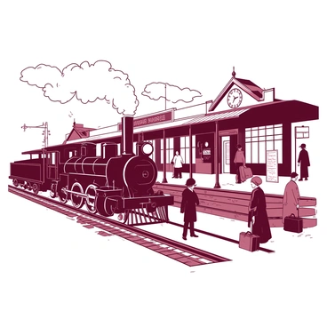 A nostalgic scene featuring a vintage train station, characterized by intricate architectural details and worn wooden benches. In the foreground, there is an old steam locomotive billowing white smoke from its chimney, showcasing its large wheels and shiny metal accents. Passengers in period clothing stand along the platform, some holding suitcases and looking at the locomotive. The station clock hangs prominently on the wall, surrounded by vintage signage. The overall atmosphere evokes a sense of history and travel from a bygone era.