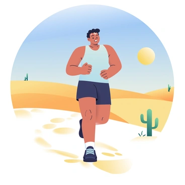 A jogger with tanned skin and short black hair is running through a sandy desert landscape. They are wearing a light blue tank top and black running shorts. The sun is high in the clear blue sky, casting sharp shadows on the golden sand dunes that stretch out in the background. The jogger's face shows determination as they push forward, with sweat glistening on their forehead. In the distance, sparse desert vegetation, including small cacti, can be seen dotting the landscape. Footprints are left behind in the soft sand, emphasizing the effort of the run.