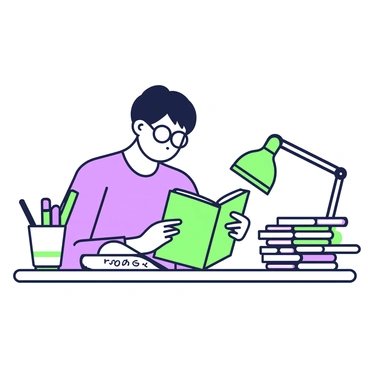 A person is seated at a desk, deeply focused on studying. The desk is cluttered with several language dictionaries stacked and open. The person has short hair and wears glasses, looking intently at a dictionary in front of them. A notebook lies to the side, filled with handwritten notes. A cup with a green outline is situated near the edge of the desk, holding a green pen and a purple highlighter. A small desk lamp with a green base illuminates the space, casting light over the dictionaries.