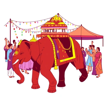 A red decorated Indian elephant is dancing joyfully at a festival. The elephant is adorned with a vibrant canopy of colorful fabrics and ornaments, including intricate golden jewelry and bright tassels hanging from its harness. Around the elephant, there are a variety of festival decorations, such as colorful garlands and strings of lights. People in traditional attire are cheering and clapping, creating an atmosphere of excitement. The scene is filled with vibrant colors, enhancing the lively spirit of the celebration.