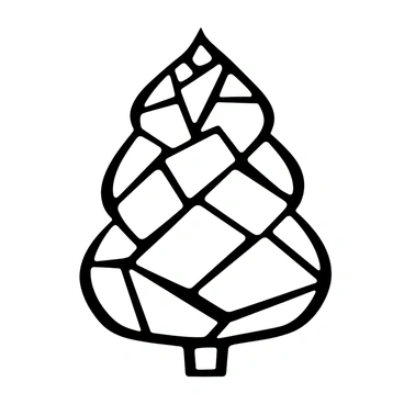 A geometric representation of a pine cone composed of sharp, angular shapes and lines. The pine cone is illustrated with distinct sections that give it a faceted appearance. Each section displays clear, crisp edges, emphasizing the overall structure. The background is minimal to highlight the intricate details of the pine cone's geometric form.