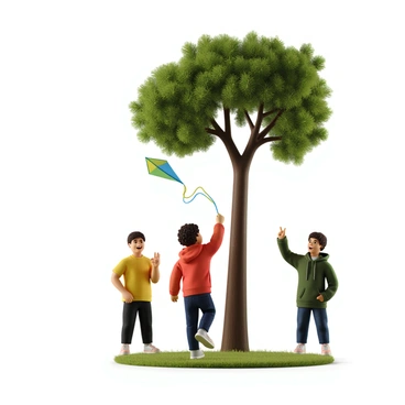 A child with curly hair and a bright red jacket is standing on their tiptoes, reaching up to untangle a colorful kite that is caught in the branches of a tall tree. The kite is primarily blue with a yellow tail, fluttering gently in the breeze. The tree has thick green leaves and a sturdy trunk. In the background, two friends, one wearing a yellow t-shirt and the other in a green hoodie, are laughing and watching the situation unfold. Their expressions show amusement, and they are standing just a few feet away, with one of them pointing at the child. The scene captures a playful moment in a sunny park setting.