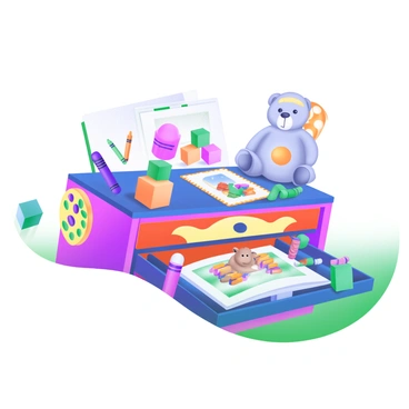 A child's colorful secretaire is filled with a variety of toys and crayons. The secretaire features multiple drawers adorned with playful patterns in bright red, yellow, and blue. On top of the desk, there are scattered crayons in vibrant colors, some standing upright while others lay horizontally. A plush teddy bear sits next to a small stack of building blocks. Additionally, a few action figures are positioned playfully around the edges, and a colorful picture book is opened on the surface. The overall scene radiates a sense of creativity and playfulness.