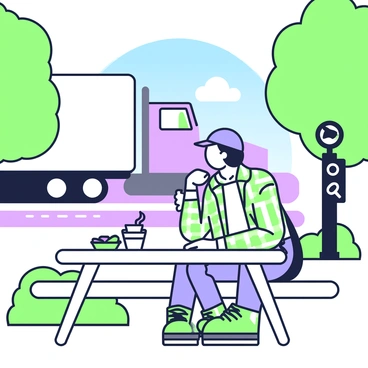 A truck driver is sitting at a picnic table in a roadside rest area, taking a coffee break. He is wearing a blue cap and a plaid shirt, with jeans and sturdy boots. In front of him, there is a steaming cup of coffee placed on the table. Next to the coffee, a rectangular lunchbox is open, revealing a sandwich and some fruit. Surrounding the table are tall trees providing shade, and in the background, a large truck is parked with its doors open, suggesting the driver is on a long journey. A clear blue sky is visible above, and a small sign for the rest area is placed nearby.