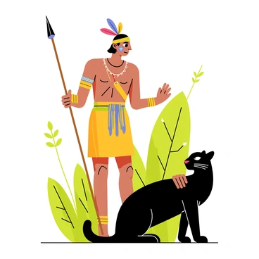A tribal warrior standing tall with a strong posture. The warrior is wearing traditional attire made of leather and vibrant feathers. He has a decorated face with tribal paint in bold colors. Next to him is a sleek black panther with shiny fur, sitting gracefully, showcasing a sense of calm and alertness. The background features lush green foliage and tropical plants, enhancing the tropical setting that symbolizes protection and strength. The warrior holds a spear in one hand while the other hand rests gently on the panther's back, indicating a bond between them.