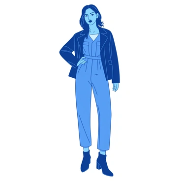 A blue fashion-forward individual is wearing a fitted jumpsuit that accentuates their silhouette. Over the jumpsuit, they have a sleek black leather jacket that adds a touch of edge to the outfit. The individual is standing confidently, with one hand on their hip. Their shoes are stylish ankle boots that complement the overall look. The background features a soft, neutral gradient that contrasts with the vibrant colors of the outfit.