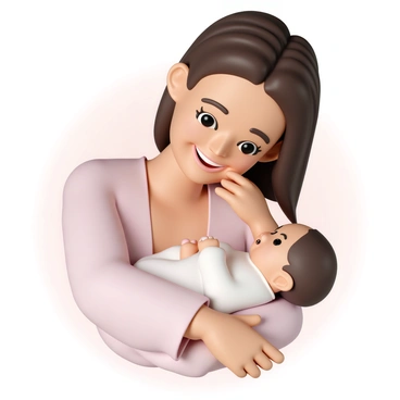 A mother, wearing a soft pastel pink blouse, is gently cradling her newborn baby in her arms. The baby, wrapped in a white blanket, has a tiny hand resting on the mother's cheek. The mother has a joyful expression on her face, with her eyes sparkling and a smile that conveys pure happiness. The background is softly blurred, focusing on the tender moment between the mother and child. The lighting is warm and soft, highlighting the loving interaction.