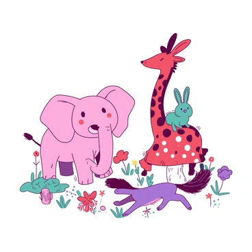 An A3 illustration board features a collection of whimsical animal doodles. There is a pink elephant with oversized ears and a joyful expression, standing next to a red giraffe with a long neck that has been exaggerated in a playful manner. A teal rabbit with long, floppy ears hops nearby, while a purple fox with a bushy tail is perched on top of a whimsical mushroom. Surrounding these animals, there are various colorful flowers and grass, creating a lively scene filled with charm and imagination.