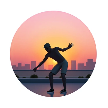 A silhouette of a person, with an athletic build, performing reverse fly exercises on a rooftop. The person is bent slightly forward, arms extended to the sides, showcasing defined muscles. The setting sun casts a warm orange and pink glow across the sky, creating a vibrant backdrop. The rooftop has low walls and a few scattered rooftop plants. The city skyline is visible in the background, with buildings outlined against the colorful sky.