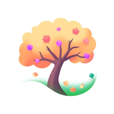 A low-poly tree with a sturdy brown trunk and branches extending outward. The leaves are vibrant shades of orange, yellow, and red, representing the colors of autumn. The leaves are scattered throughout the branches, creating a rich contrast against the brown trunk. The ground beneath the tree is a mix of fallen leaves in the same autumn colors, adding to the seasonal atmosphere. The tree stands alone against a light background that emphasizes its colorful foliage.