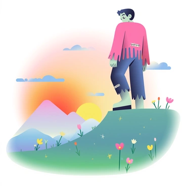 Frankenstein's monster, characterized by his large stature and stitched features, is standing on the edge of a grassy hilltop. He is gazing intently at the "beautiful sunrise" in the distance, where the sky is painted with vibrant hues of orange, pink, and yellow. The sun is just beginning to rise, casting a warm glow across the landscape. The monster’s tattered clothing flutters gently in the morning breeze. In the foreground, wildflowers sway, adding splashes of color to the scene. The distant mountains are bathed in soft light, creating a serene backdrop to this moment.