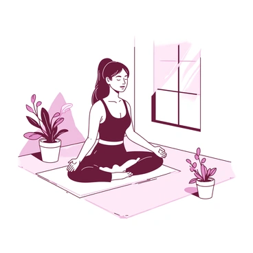 An individual dressed in fitted yoga wear is sitting cross-legged on a light-colored mat. The person has closed eyes and a peaceful expression, suggesting deep concentration during meditation. Around them, there are a few small indoor plants in white pots placed on the floor, adding a touch of nature to the space. Soft, diffused light filters through a nearby window, creating gentle shadows on the mat. The background features a simple wall, enhancing the calm atmosphere of the scene.