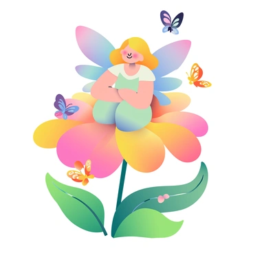 A charming fairy with a gentle expression has iridescent wings that display a spectrum of colors, sitting gracefully on a vibrant flower. The flower has large, soft petals in shades of pink and yellow, providing a lively backdrop. Surrounding the fairy are several small butterflies with intricate patterns on their wings, fluttering around her in various colors including orange, blue, and purple. The scene is filled with bright green leaves that frame the fairy and flower, enhancing the overall vibrancy of the image.