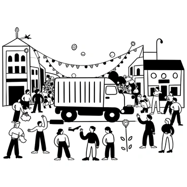 A large truck is stalled in the center of a bustling street filled with people celebrating a local festival. The truck is depicted with visible mechanical issues, smoke rising from the engine, and parts scattered on the ground. Surrounding the truck, festival-goers dressed in various attire are gathered, some pointing at the truck while others are engaged in conversation. Colorful banners and decorations are hanging from nearby buildings, adding to the festive atmosphere. Balloons float in the air, and a small crowd is forming around the truck, creating a dynamic scene of curiosity and activity.