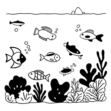 An underwater scene with various fish swimming among intricate coral reefs. The fish have different shapes and sizes, some darting quickly through the water, while others glide gracefully near the coral. The coral reefs feature diverse textures and patterns, creating a rich environment for the marine life. Bubbles rise from the fish as they move, adding to the dynamic nature of the scene. The overall composition captures the vibrancy of underwater life.